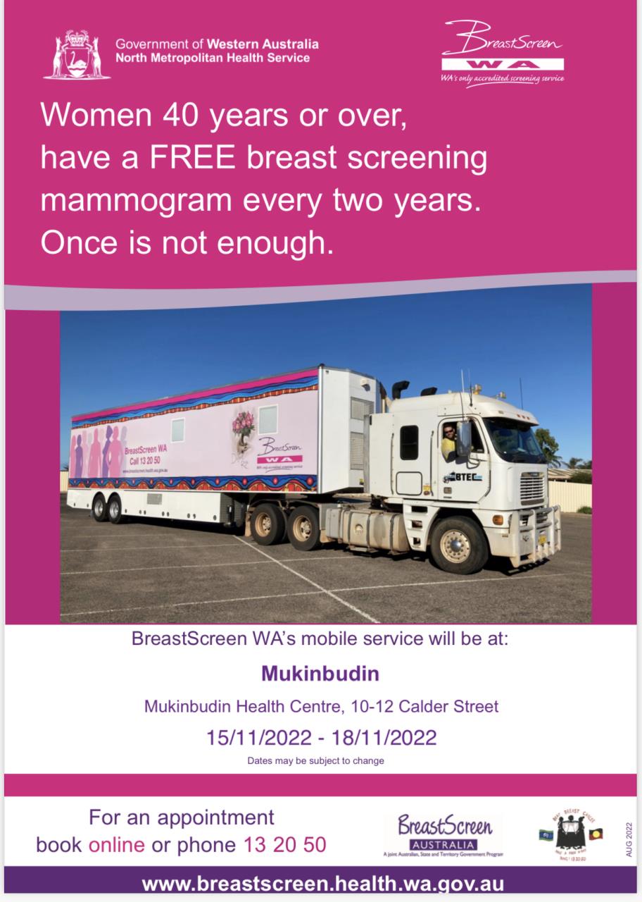 BreastScreen WA - Mobile Service in Mukinbudin 15th - 18th November 