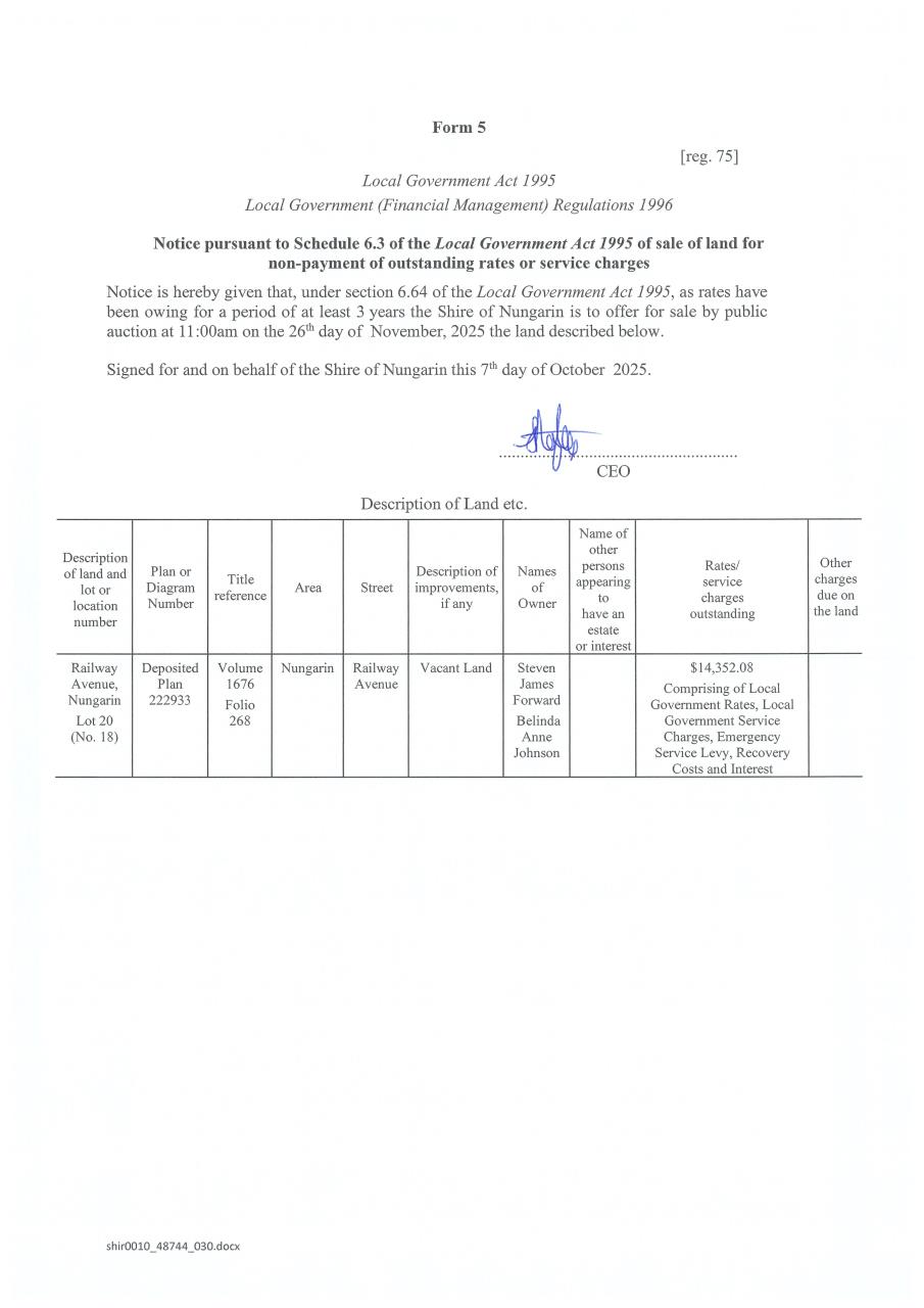 Form 5 – Notice Pursuant to Schedule 6.3 of the Local Government Act 1995