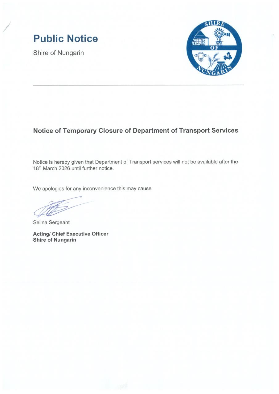 Temporary Closure of Department of Transport
