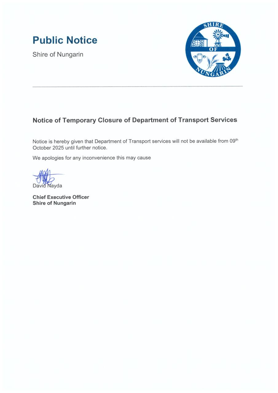 Public Notice - Temporary Closure Department Of Transport
