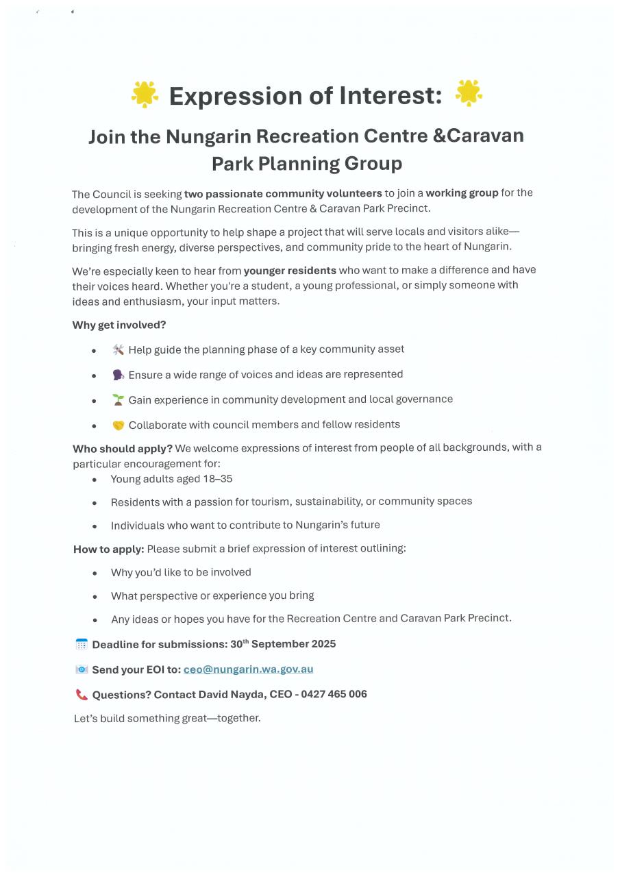 Expression of Interest - Nungarin Recreation Centre & Caravan Park