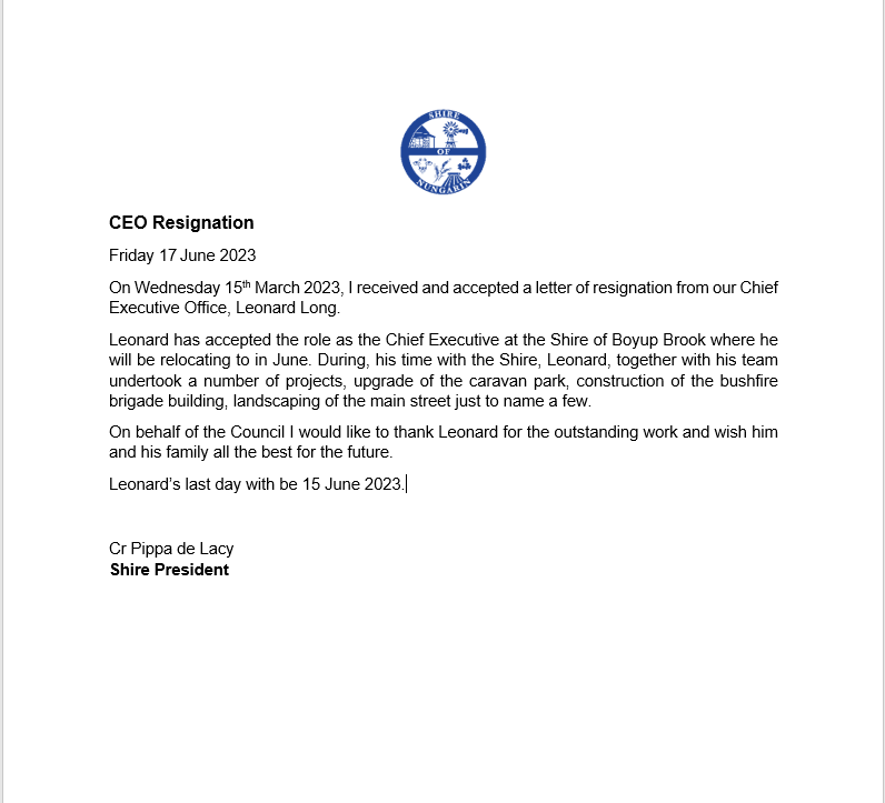 CEO Resignation - A message from the Shire President