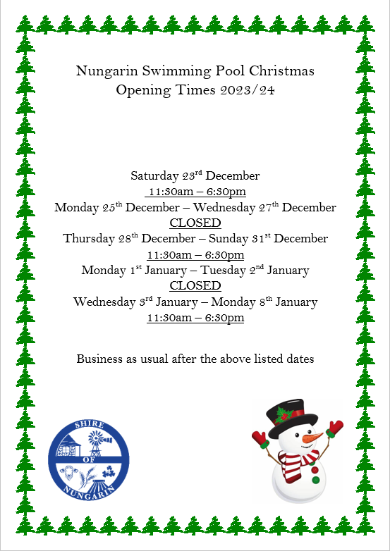 Nungarin Swimming Pool Christmas / New Year Opening Hours